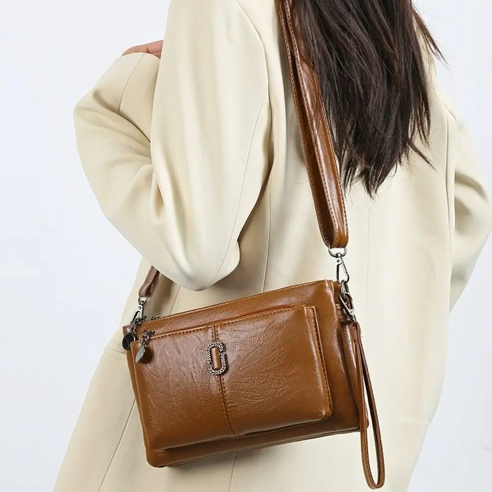 Casual Multi-Layer Crossbody Bag Solid Color Versatile Messenger Handbag PU Leather Mobile Phone Bag For Women