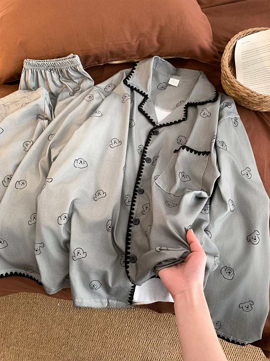 漫画犬柄純綿パジャマメンズスタイル春秋クールグレーシンプルシャツ襟付き超ソフトホームウェア