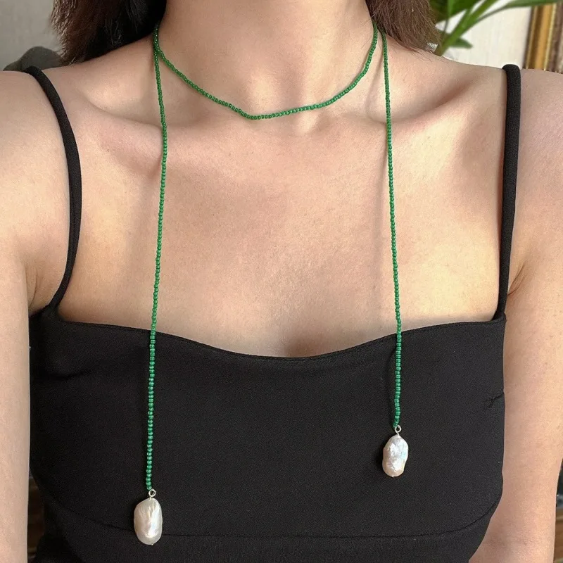 HangZhi Fashionable Pearl Green Beaded Long Necklace Multiple Wearing Sweater Chain French Vintage Jewelry for Women New