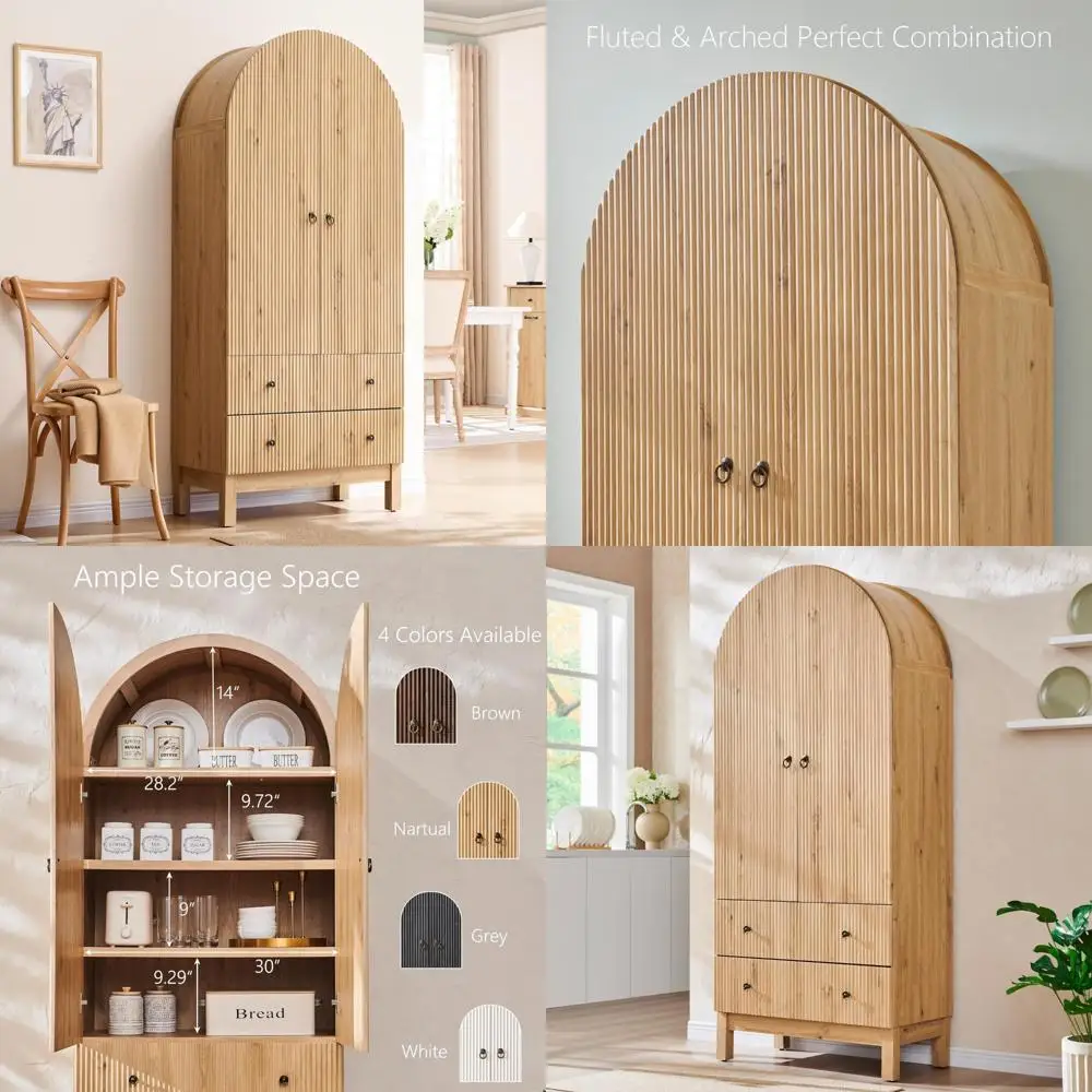 Gabinete de almacenamiento de cocina independiente de 71 pulgadas de alto con arcos estriados, estantes ajustables y dos cajones grandes