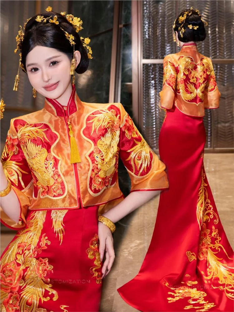 

New style of heavy-duty embroidered cheongsam engagement dress dragon and phoenix gown trailing return home wedding formal