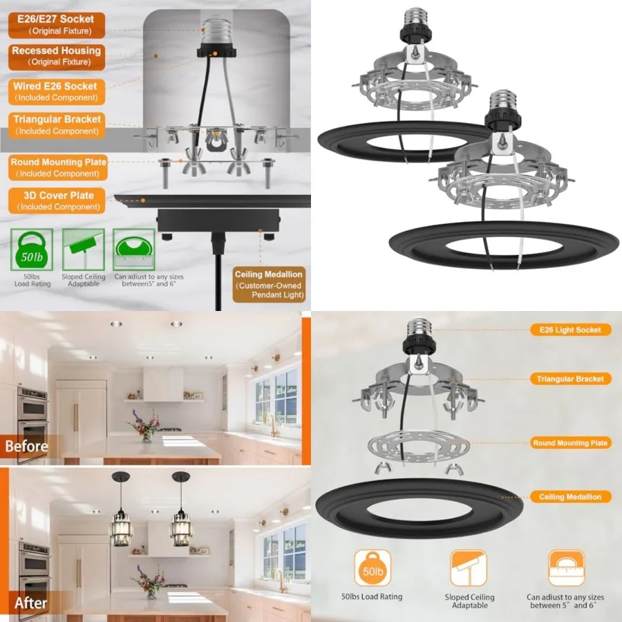

2-Pack Recessed Light to Pendant Converter Kit, Adjustable for 5 and 6 inch Recessed Can Light Conversion Kit, Includes E26 Soc