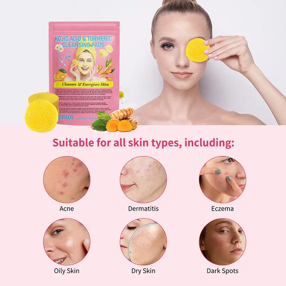 40PCS Turmeric Kojic Acid Cleansing Pads Exfoliating Pads Facial Sponges For Cleansing Exfoliating Daily Cleaning Face Skin Care