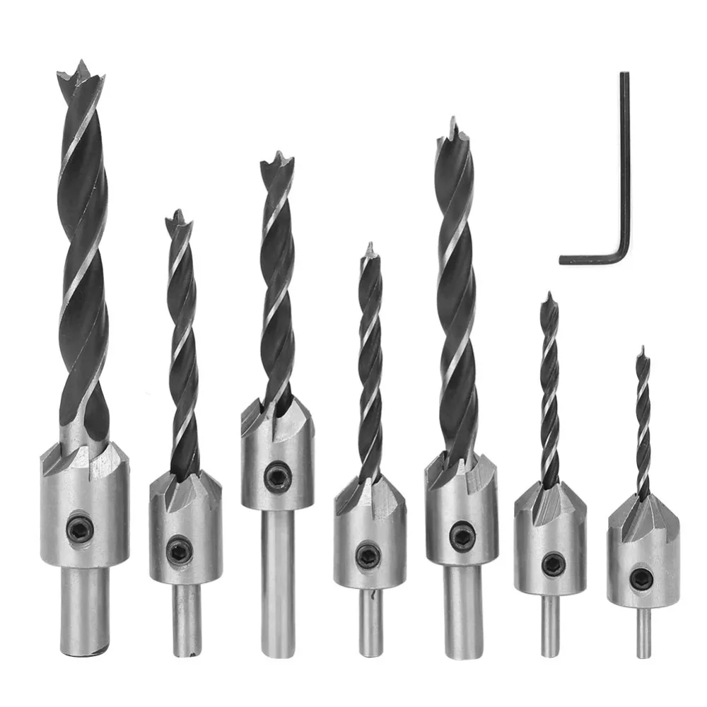 7PCS 5 Flute Countersink Drill Bits High Carbon Steel Hex Key Included Wood Drill Bit Set High Speed Steel Adjustable