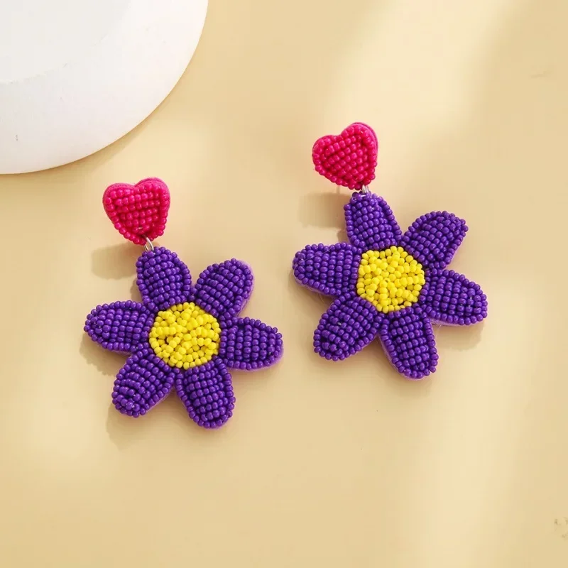 Beaded earrings Fabric art  Heart Hand knitting Design Flamingo Sunflower Sea shell Bohemia Alloy Tide Female Rice bead earrings