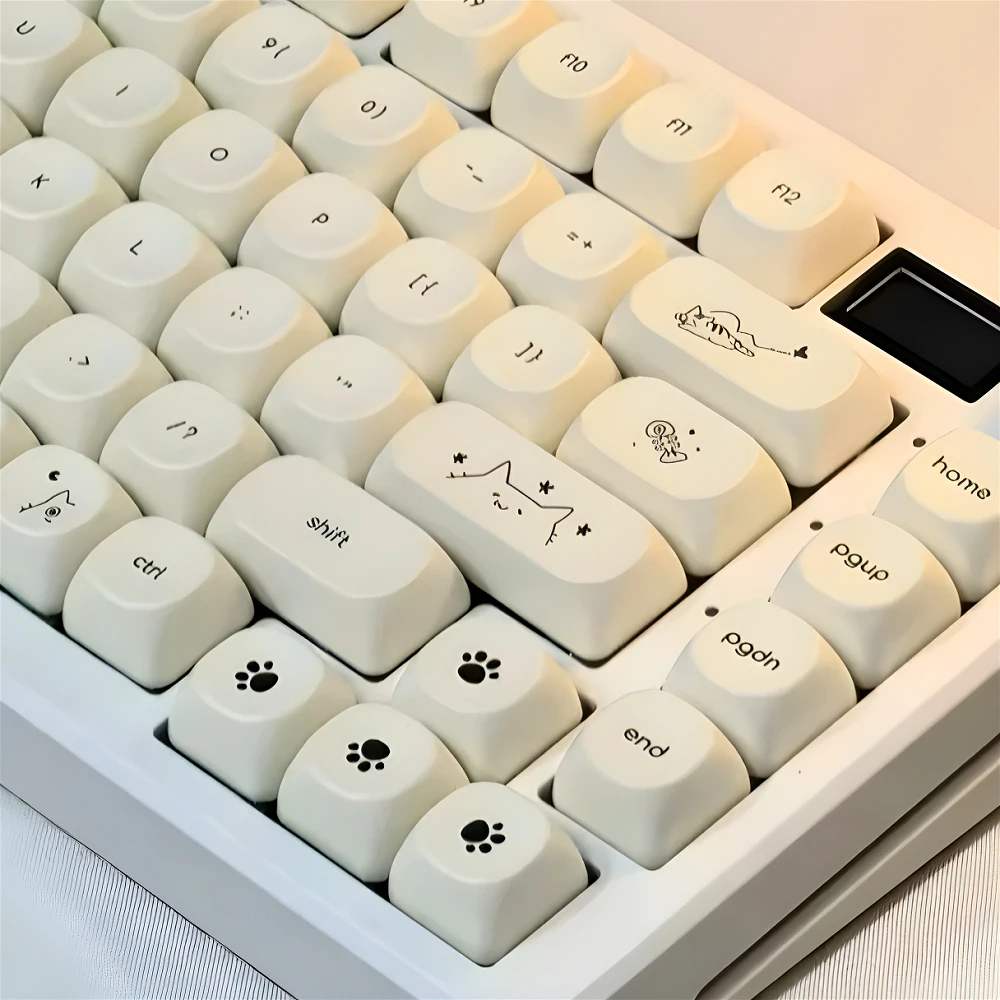 Cute Keycap Kitten MOA PBT 124-key Simple White Custom Keyboard Keycap Set for 66/68/86/96/98/104 Mechanical Keyboards