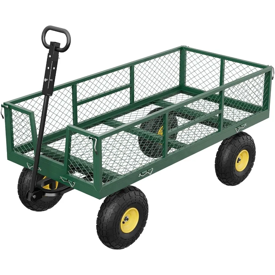 

900 LBS Garden Cart on Wheels with Adjustable Handles Heavy Duty Steel Garden Wagon with Removable Mesh Sides to Convert into F