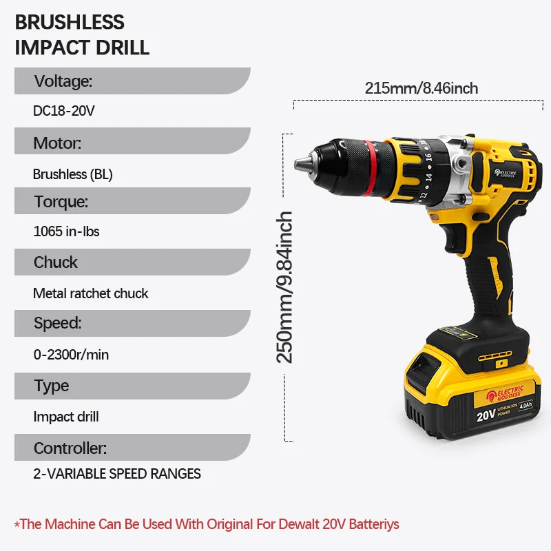 Electric Goddess DCD791 Brushless Motor Electric Impact Cordless Drill Multifunctional Power Tool For Dewalt 20V Batter ﻿ ﻿