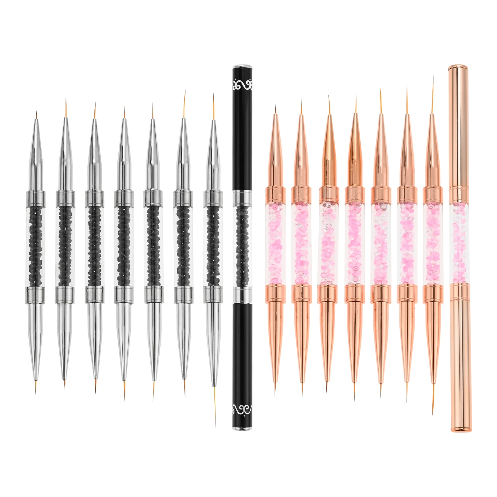 Double Head Crystal Handle Nail Brush Dual-purpose Drawing Liner Painting Pen Gel Polishing Manicure Tools Black/Golden 5mm-15mm