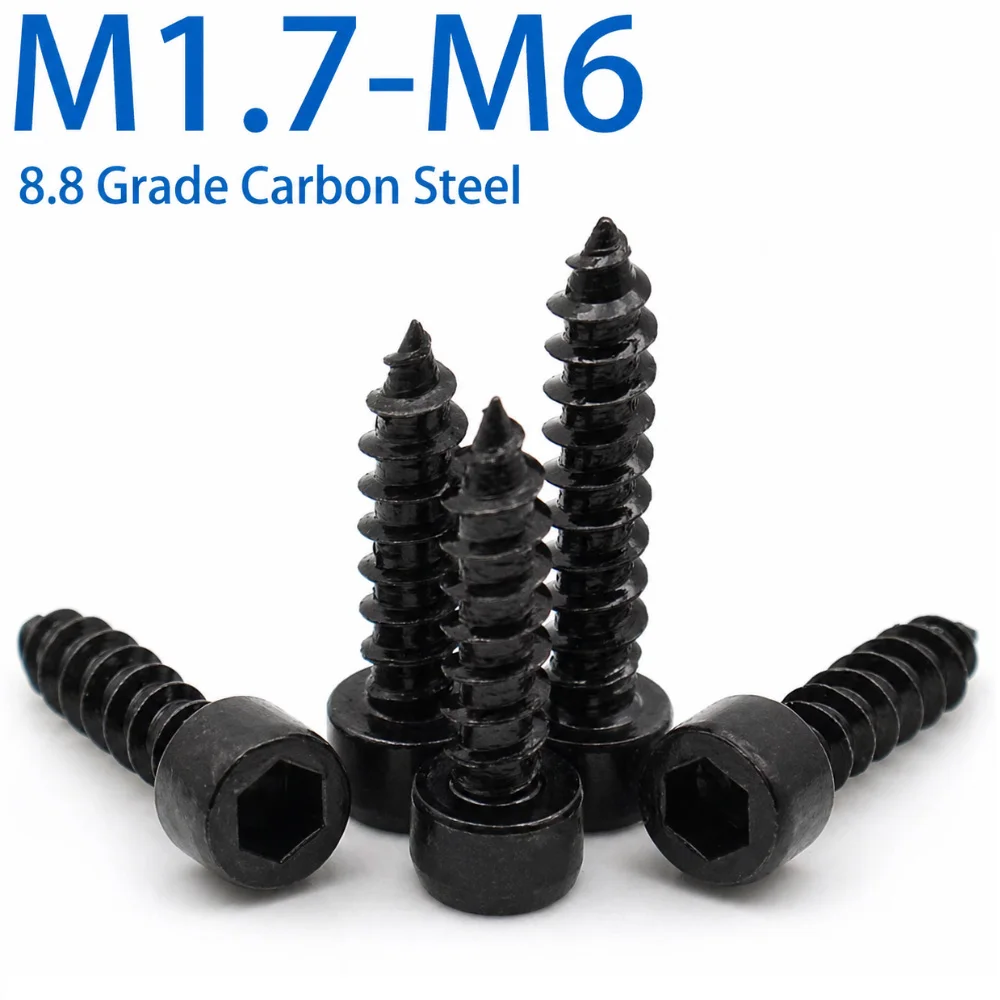 10-50pcs Black 8.8 Grade Carbon Steel Socket Head Cap Self Tapping Wood Screws Allen Drive M1.7-M6