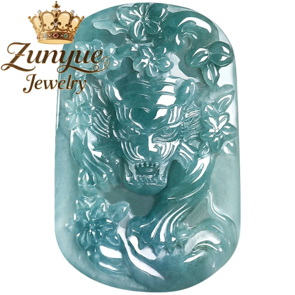 Genuine Natural Grade A Blue Water Jadeite Zodiac Tiger Pendant Hand Carved Necklace Daily Wear Collectible Jewelry Present Gift