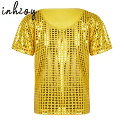Boys Girls Modern Jazz Hip Hop Street Dance Shirt T-Shirt Sparkly Sequins Short Sleeve Loose Dance Top Blouse Stage Clothes