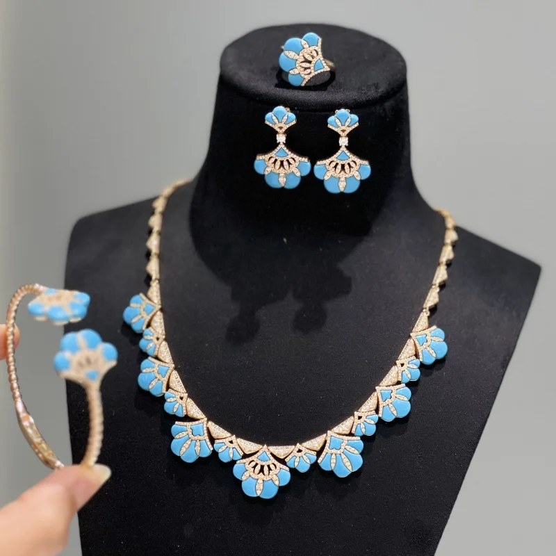 Bellux vintage style fan shaped flower natural mother of pearl artificial turquoise 925 silver gold-plated jewelry set