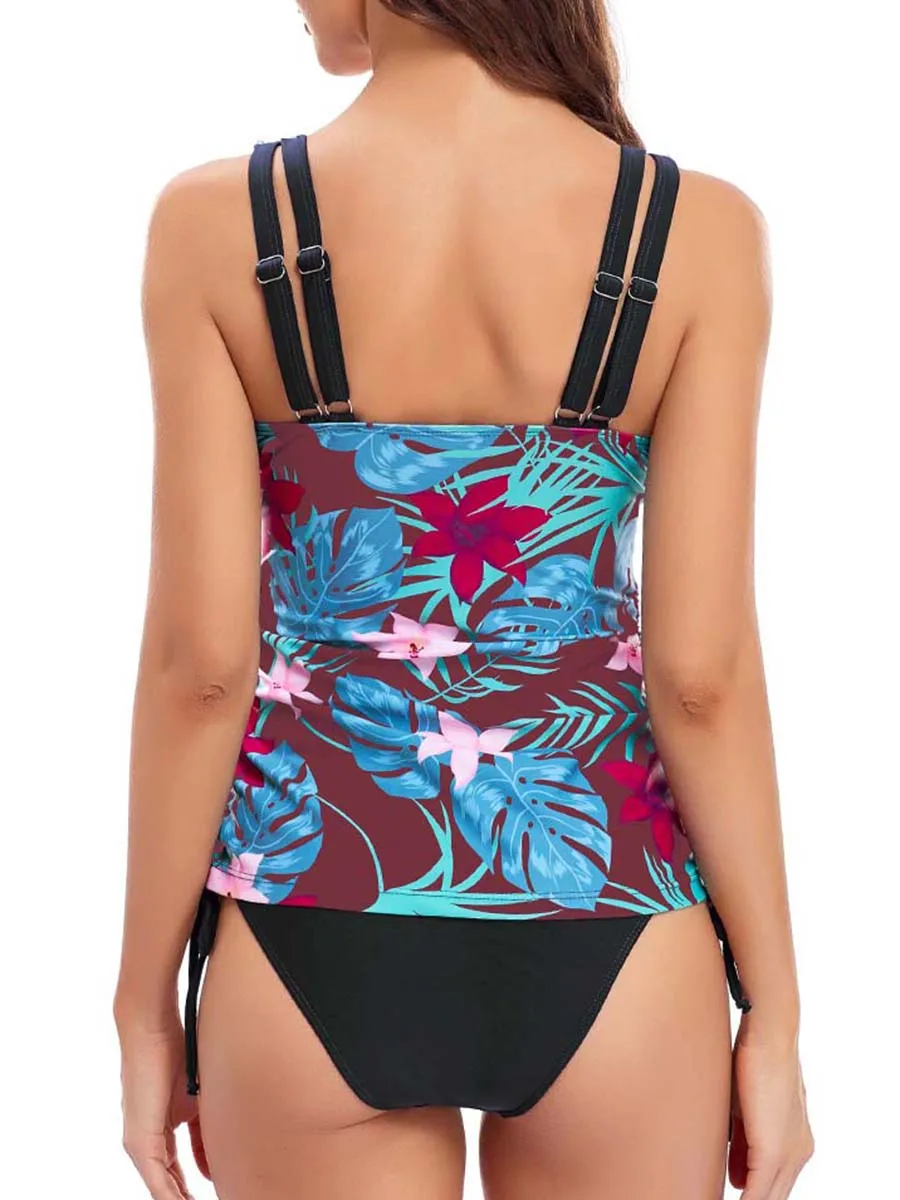 2024 Printed Tankini Two Pieces Swimsuit Women Tie Side Drawstring Swimwear Female Bathing Swimming Suit Beachwear Summer