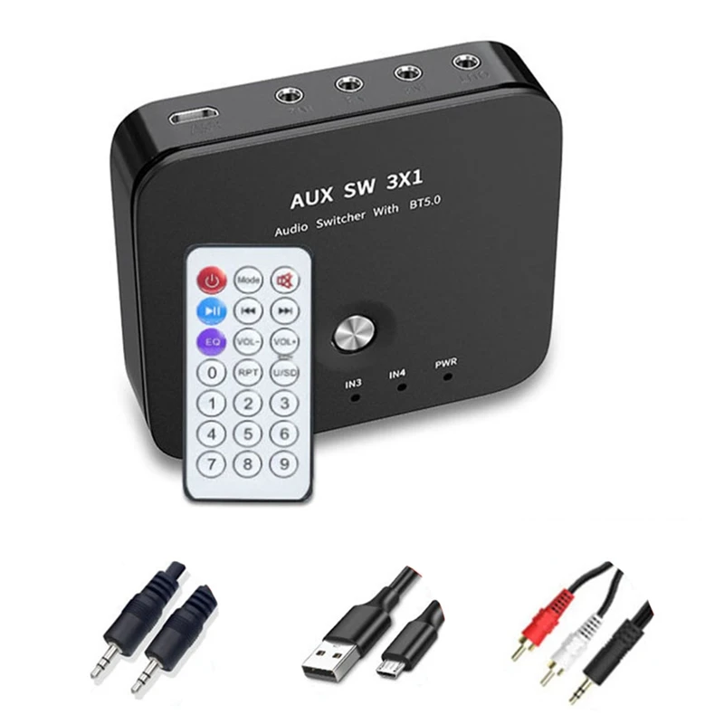 HIFI 4-Port 3.5Mm Stereo AUX Switcher 3 In 1 OUT Wireless Music Bluetooth 5.0 Receiver Bluetooth Audio Adapter