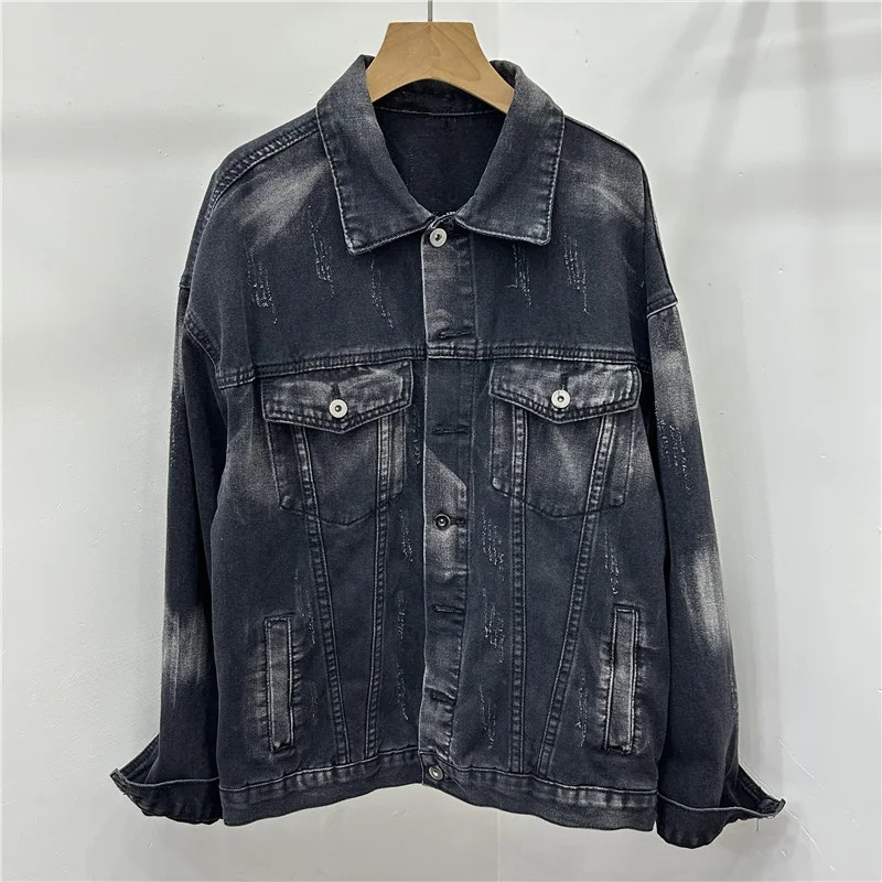 

Vintage Tie-Dye Graffiti Printing Denim Jacket Blue Black Loose Casual Frayed Burrs Lapel Long Sleeve Jeans Jacket Streetwear