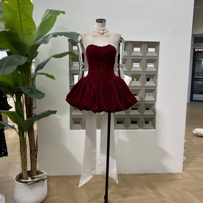 

Fine Glitter Heavy Craft Rhinestone Trim Puffy Strapless Dress with Large Bow Detachable with Matching Shorts Three-Piece Set