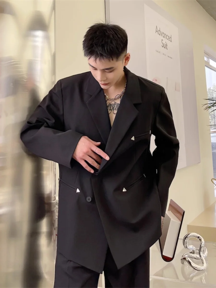 

Мужской повседневный костюм в корейском стиле с металлическим декором, модный, с длинным рукавом, приталенный, для ежедневной носки, весна-осень