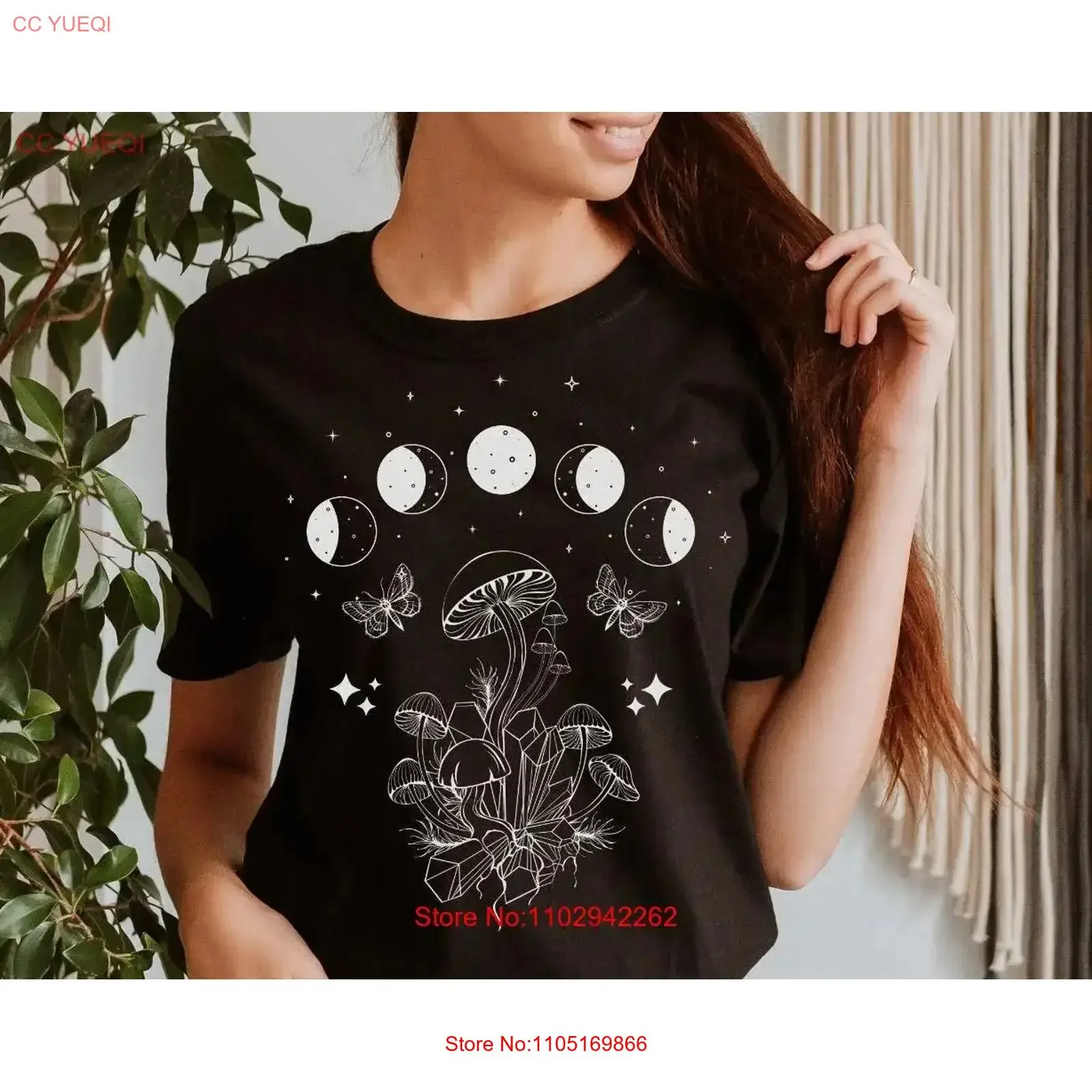 Goblincore T Shirt with Mushrooms butterflies moon phases and stars Celestial mystical Grunge fairycore Mushroom apparel