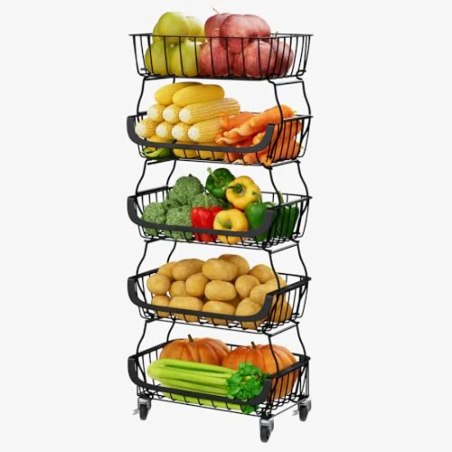 

Fruit Vegetable Storage Basket Kitchen Fruit Vegetable Storage Cart 5 Tier Stackable Metal Wire Storage Baskets with Wheels Pro
