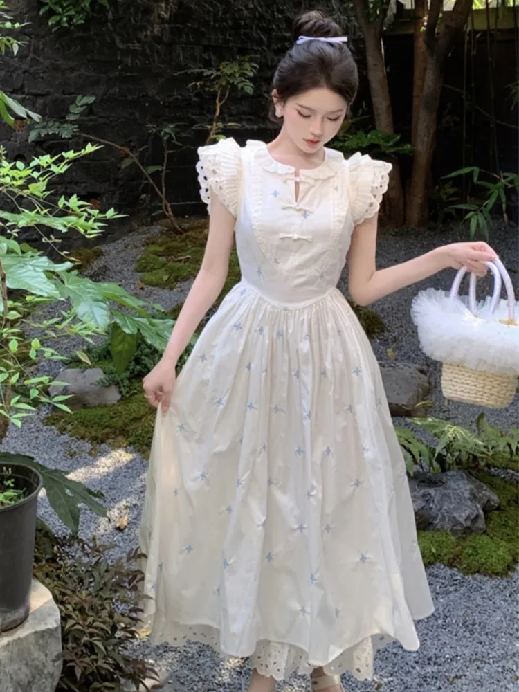 

Women French Fairylike Flying Sleeve Princess A-line Midi Dress Summer Holiday Elegant Print Clothes Female One Pieces Robe New
