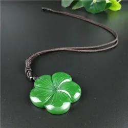 Natural Green Chinese Jade Clover Pendant Necklace Fashion Accessories Charm Jewelry Carved Amulet Gifts for Her Women Men