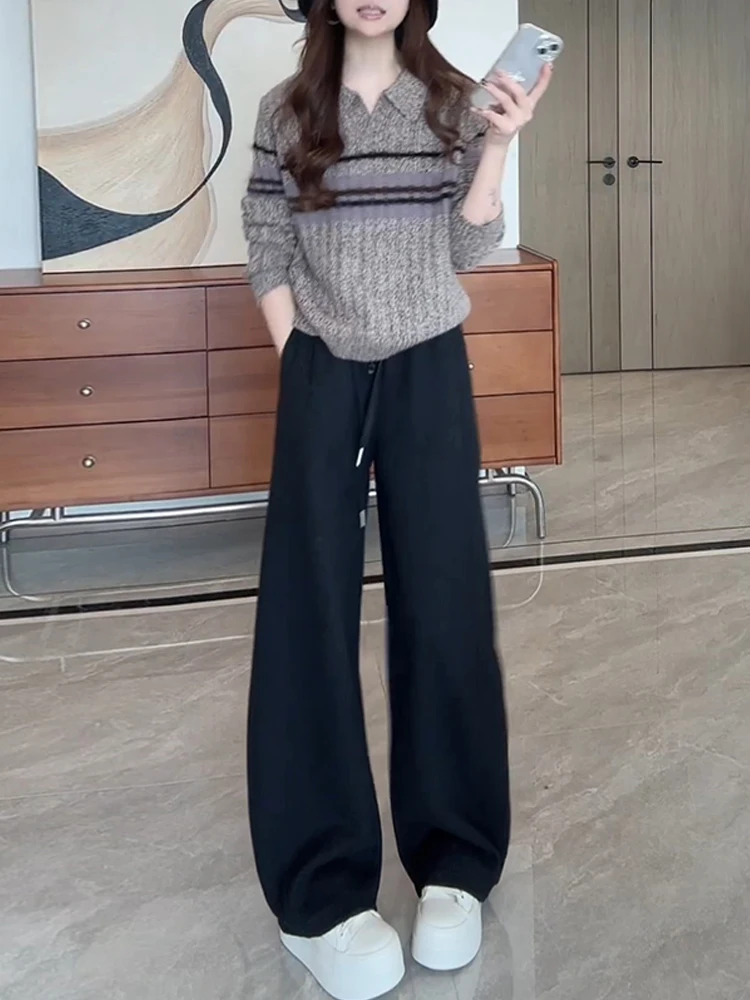 

Spring 2026 Color Blo Long Sve Knitted Sweater High Waist Wide Leg Pants Two Piece Set Casual Sle Breathable Medium Th...