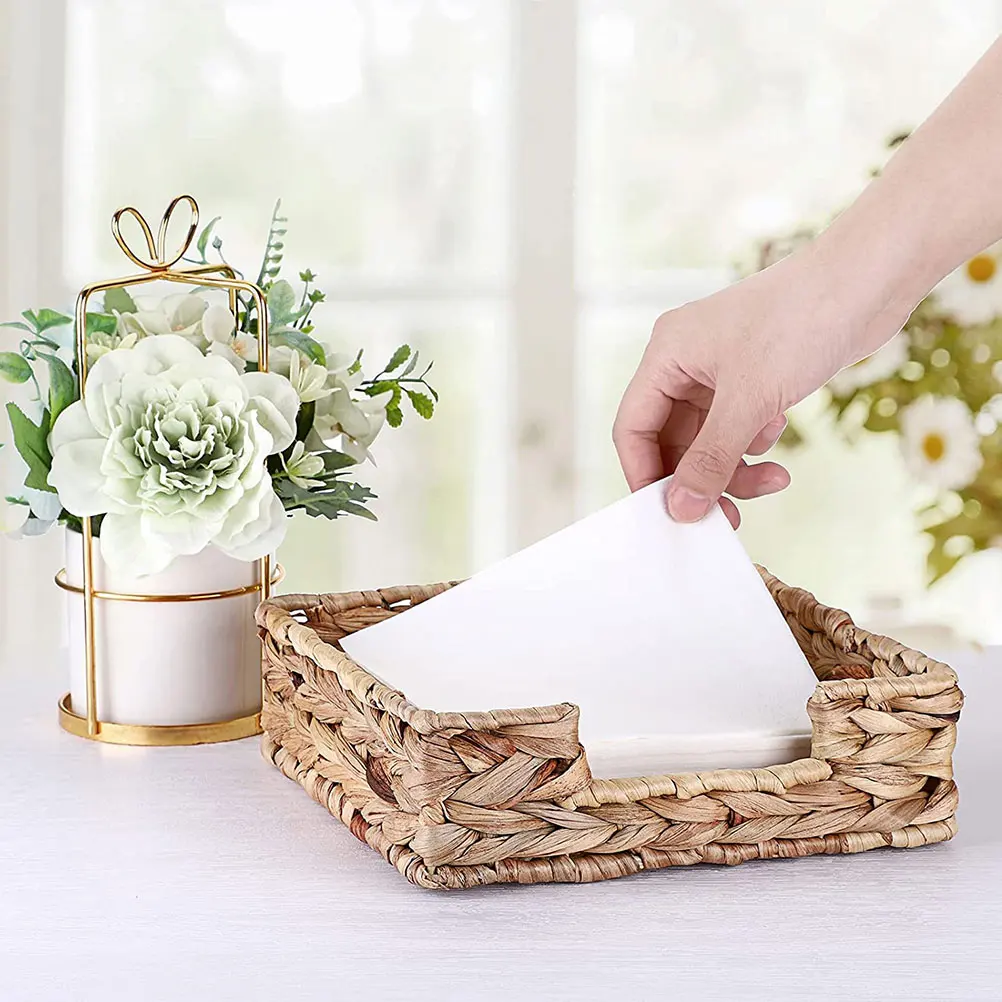 

2 Pcs Woven Napkin Holder Storage Tissue Box 18x18x7cm Light Brown Basket Tray for Kitchen Bathroom Office Guest Room