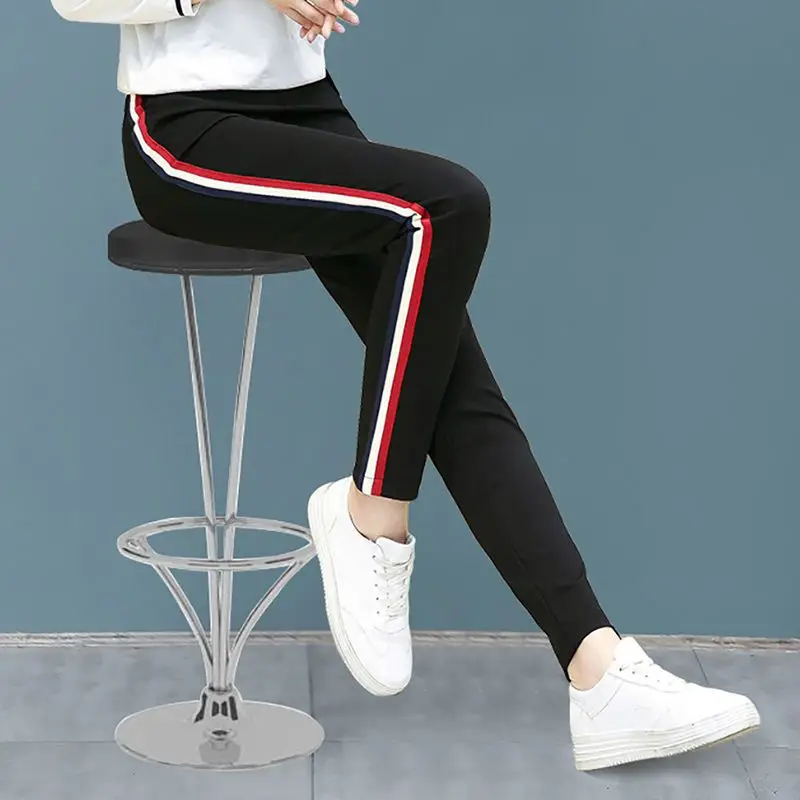 Patchwork Striped Large Size Spring Women Casual Solid Color Slim Elastic Waist Elastic Force Affordable All-match Trousers