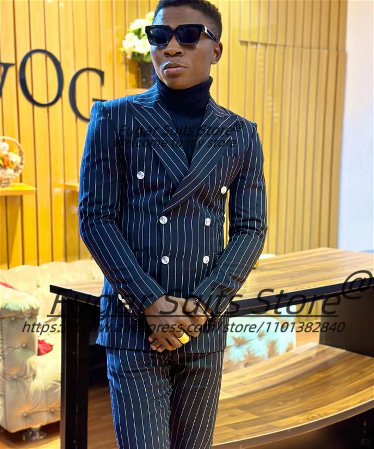 

Handsome Stripe Men Suits Customized Slim Fit Double Breasted Groom Wedding Tuxedos Male Party Blazers 2 Pieces Sets Ropa Hombre