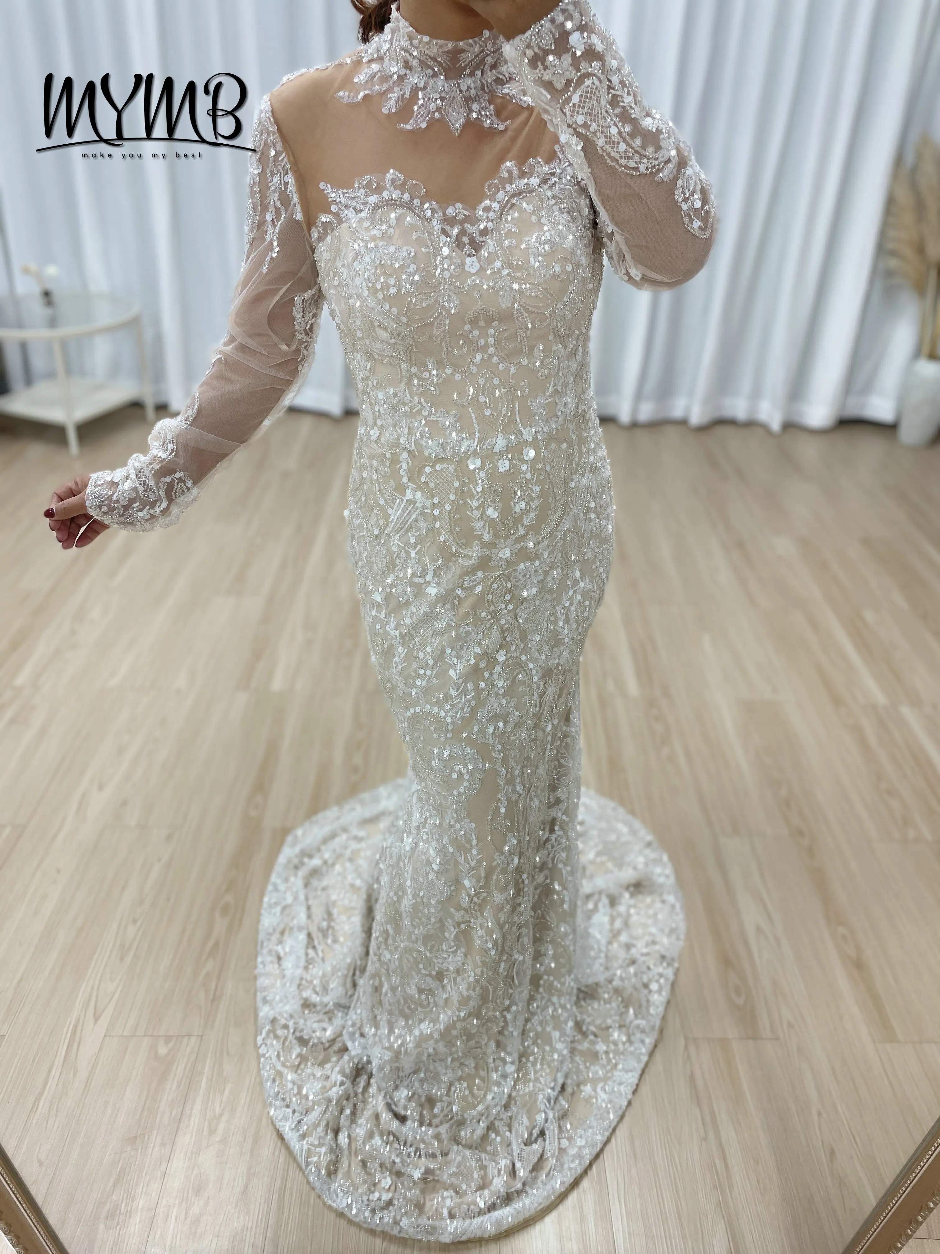MYMB Elegante Lvory Zeemeermin Avondjurk Lange Mouw Mode Temperament Hoge Kwaliteit Prachtige Mooie Pailletten Toga MY30127
