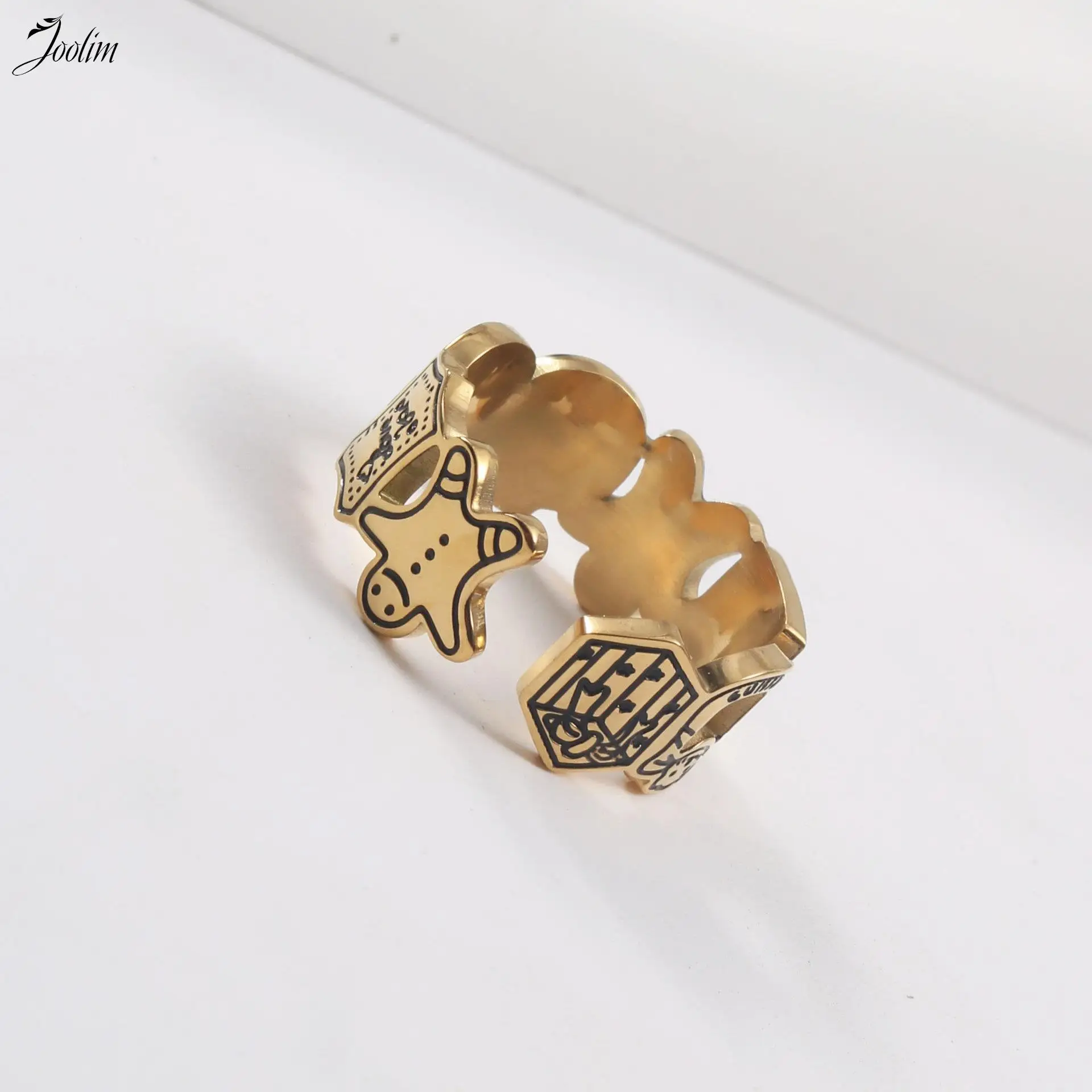 

Joolim Jewelry High End PVD Wholesale Personality Creative Graffiti Gingerbread Cuff Designer Stainless Steel Ring For Women