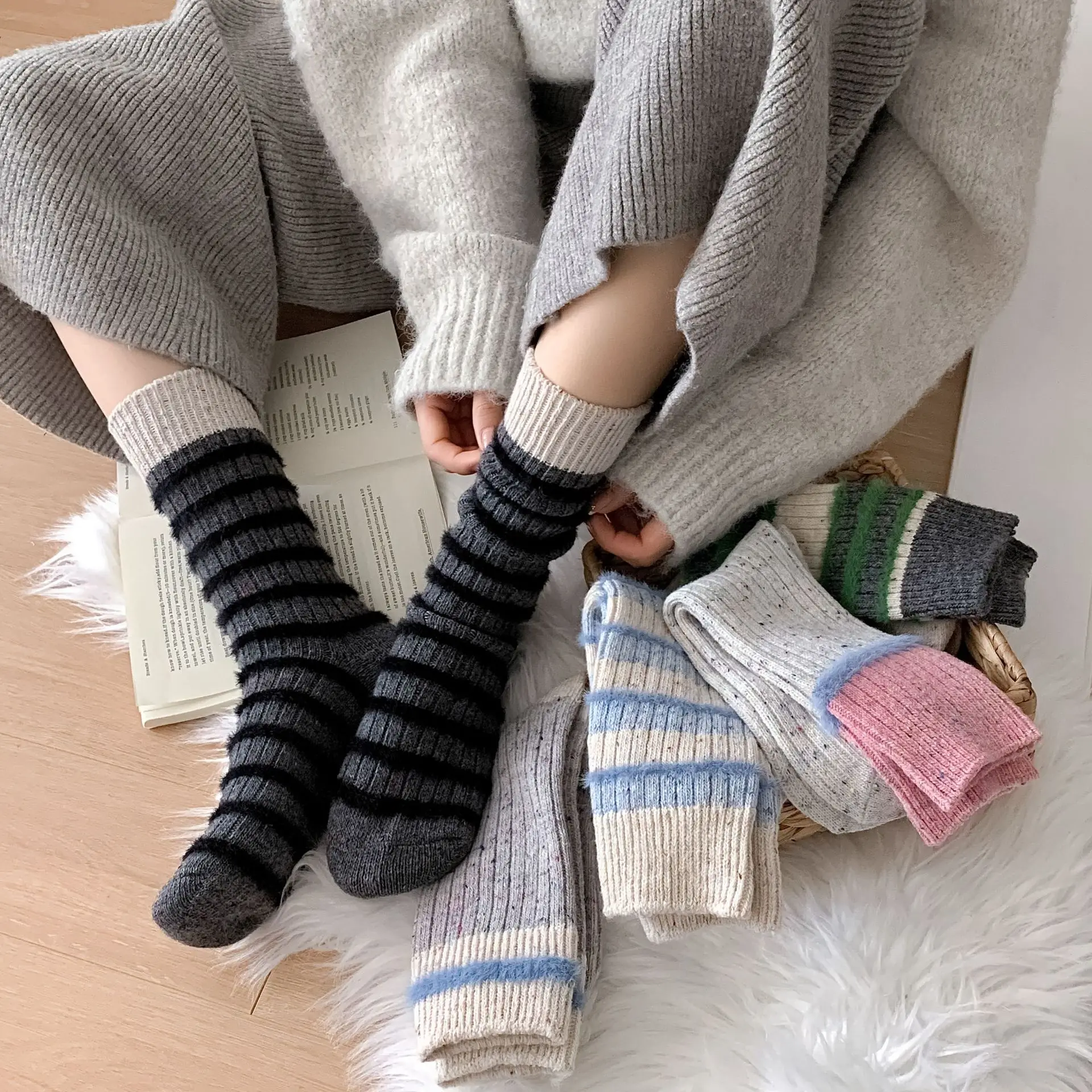 

Women's Thick and Warm Winter Socks - Woolen Patterned Yarn Mid-calf Socks in Gray and Blue Imitation Mink Fur Striped Design