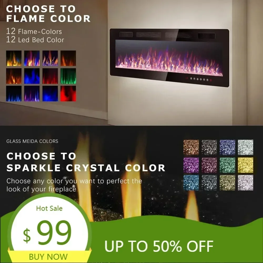 72인치 벽걸이형 슬림 전기 벽난로 (벽 내장형 디자인 및 다채로운 불꽃 기능 포함)