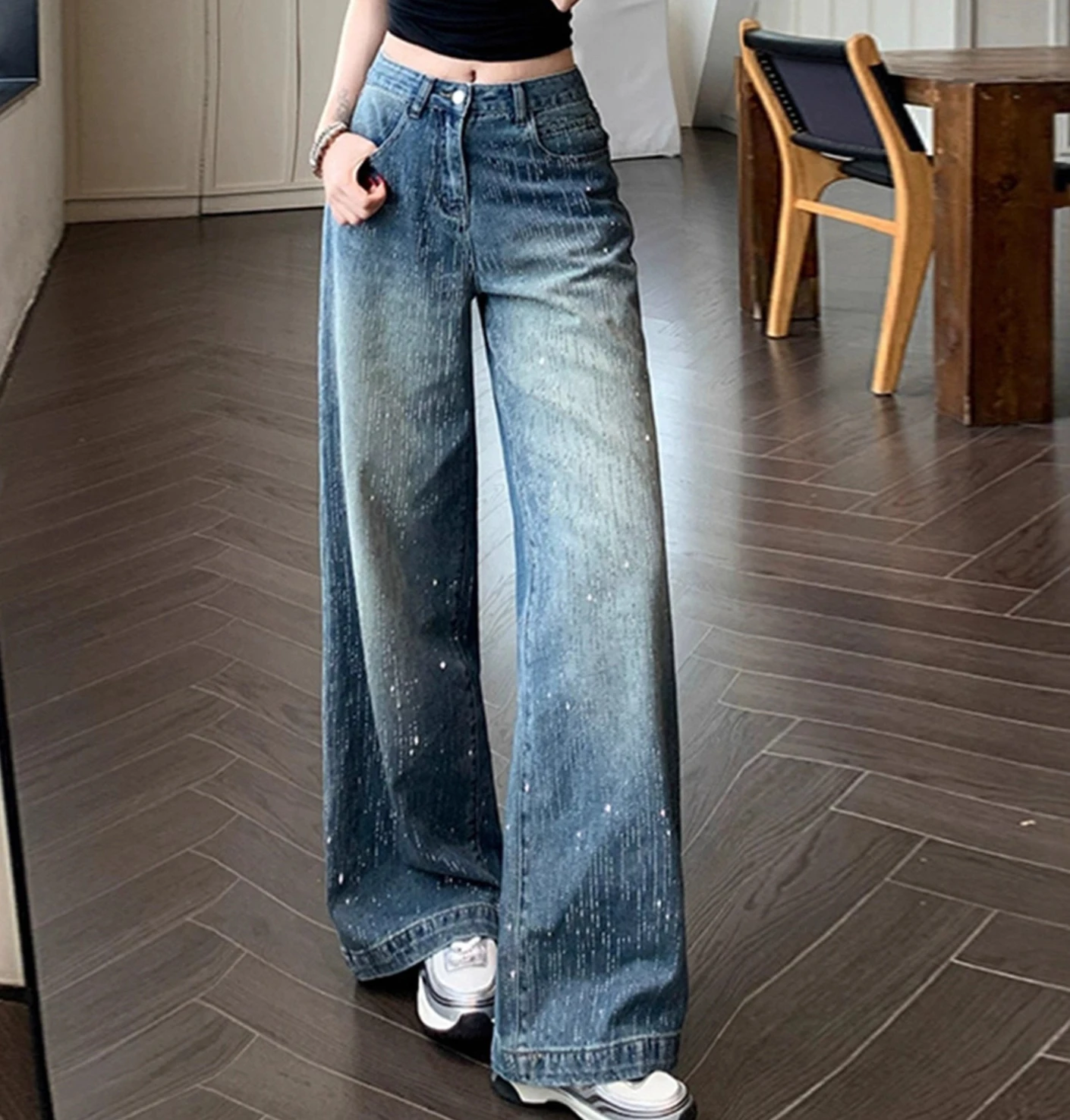 جينز أنيق بحجر الراين للنساء سروال Y2k فضفاض عالي الخصر مستقيم سروال أمريكا موضة النساء Y2k ملابس جينز دينم #2