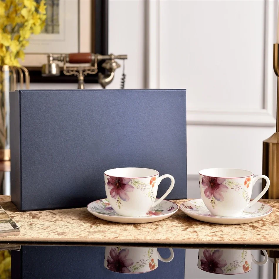 European Purple Floral Bone China Coffee Cup and Saucer set Afternoon Tea Mug Household Ceramic Dessert and Dinner Plates Gift
