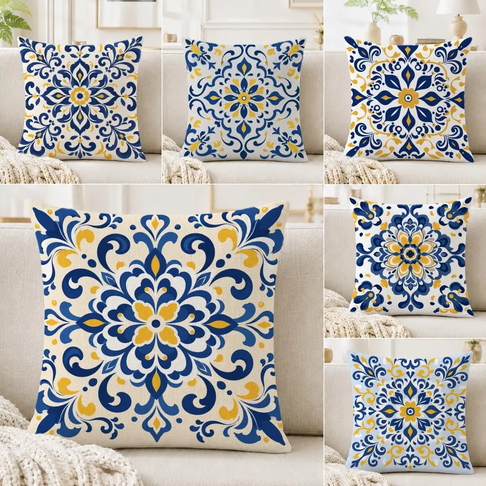 Portuguese Azulejo Style Cushion Cover Linen Cushion Cover, Double-Sided Printed Pillow Cover for Sofa Home Decor