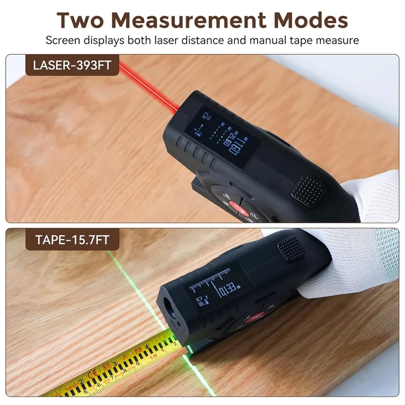 

AB07 HOT Digital Tape Measure 393Ft With Laser And 16Ft Tape-OLED Display Unit Switch(M/In/Ft) Area/Volume Pythagorean