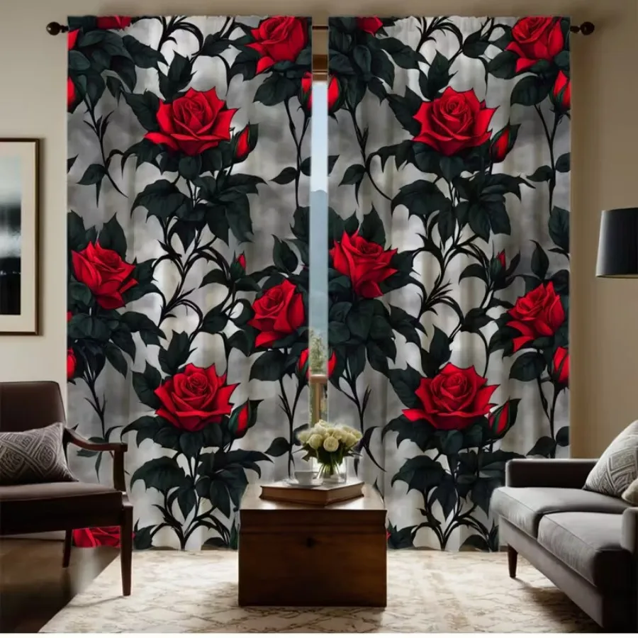 2 PCS Dark Rose Curtains, Dark Gothic Vintage Style Window Drapes for Living Room Bedroom Home Decor Polyester Rod Pocket