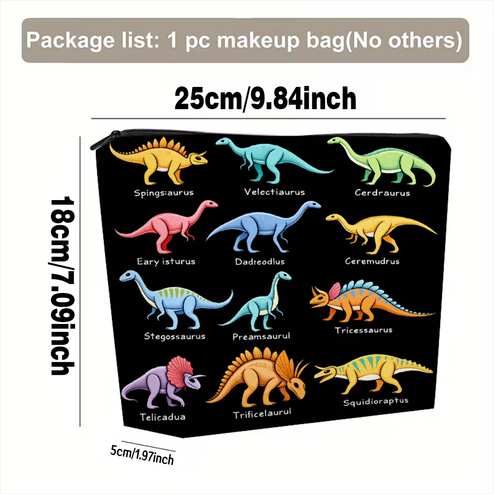 Colorful Dinosaur Names Pattern Print Makeup Bags for Girls Cosmetic Pouch Toiletry Bag Pencil Case Travel Storage