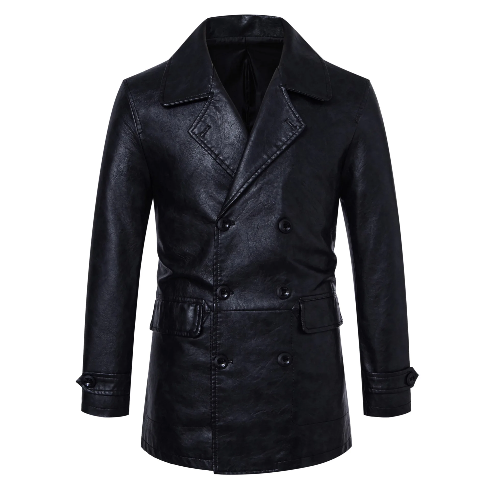 

European size men's mid-length windbreaker, lapel, double-breasted, slim-fit, European and American style overcoat for men.