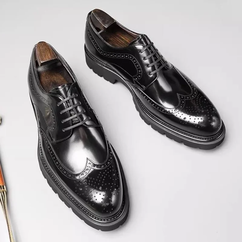 

High-end Split-grain First-layer Cowhide Sheepskin Lining Brogue leather Shoes Men's Dress Shoes Lace-up Business Formal Shoes