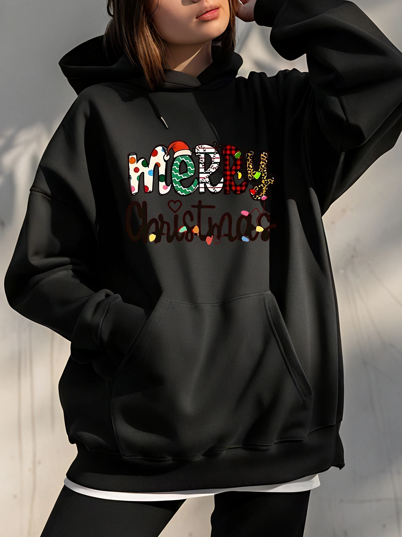 

Рождественская толстовка с капюшоном с рождественским принтом, женская повседневная толстовка, праздничный наряд, зимний теплый пуловер, женская мода