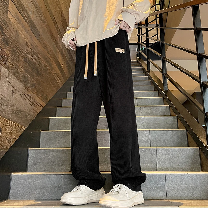 Autumn Winter Fleece Thicken Men's Casual Pants Loose Elastic Waist Lace-up Solid Color Fashion Simple All-Match Male Trousers