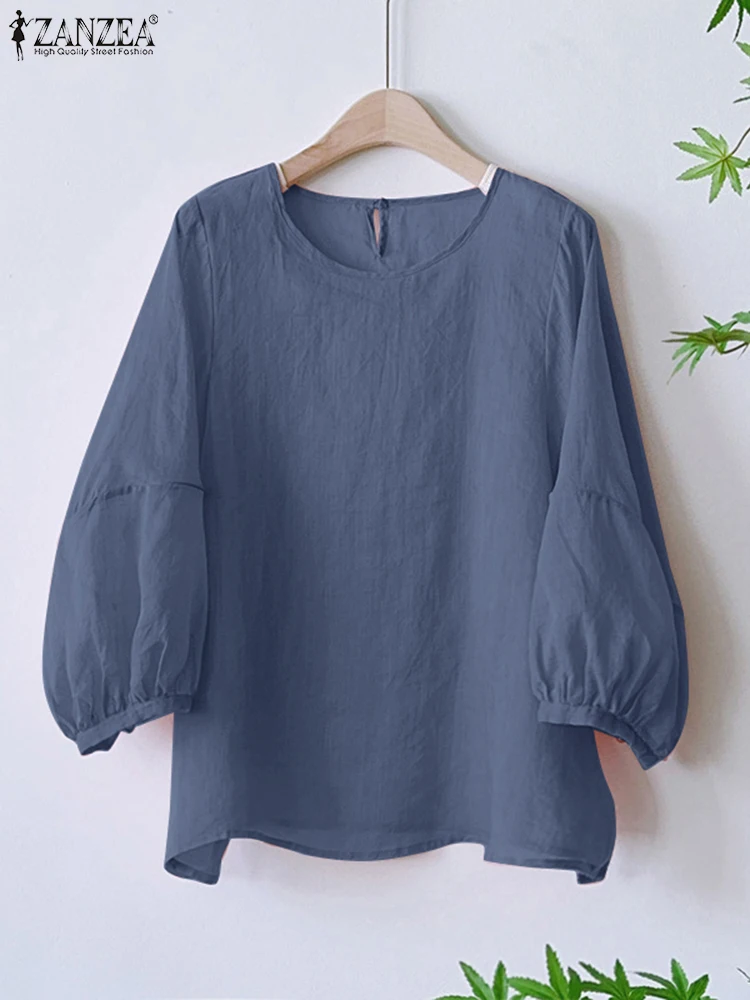 

ZANZEA женские блузки с рукавами-фонариками, весна-лето 2024, свободные повседневные однотонные Blusas Mujer, винтажные топы с круглым вырезом и рукавами 3/4