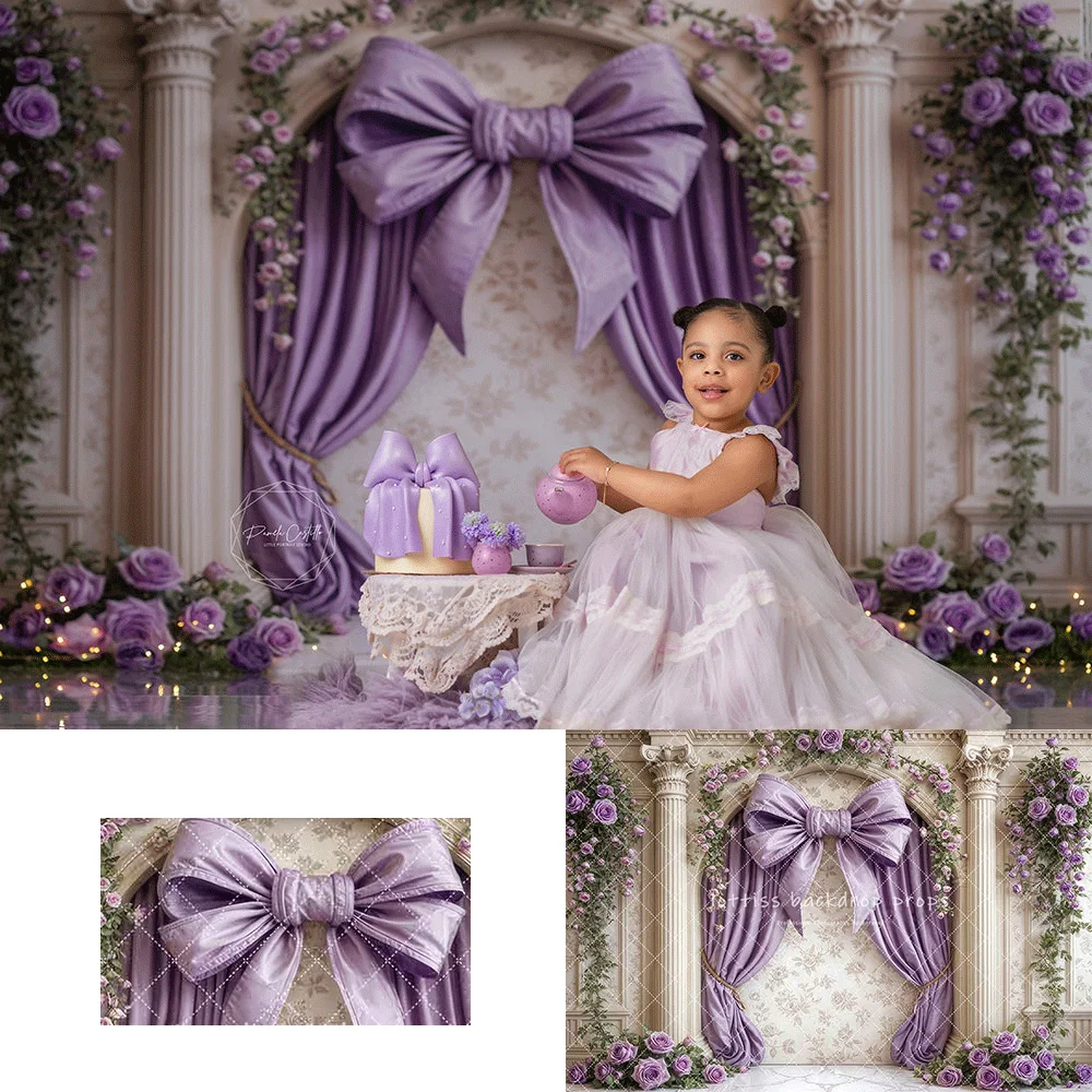 

Elegant Arched Purple Bowknot Wall Backdrops Kids Girl Photography Child Adult Photocall Castle Windows Curtains Backgrounds