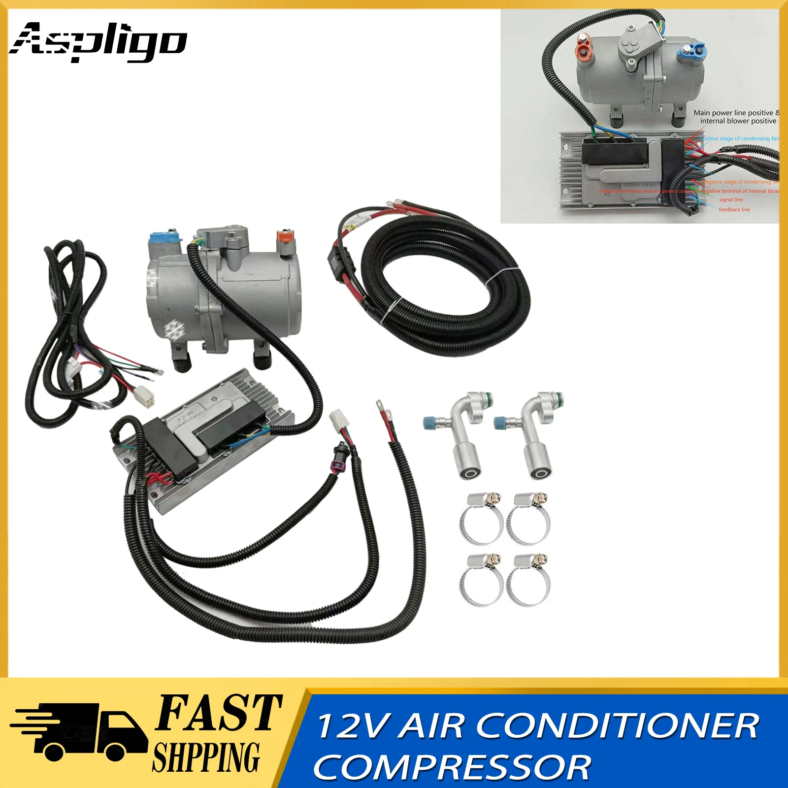 

Aspligo 12V 24VElectric Air Conditioning Compressor Set Air Conditioner Compressor A/C For Car Truck Bus Automotive Boat Tractor
