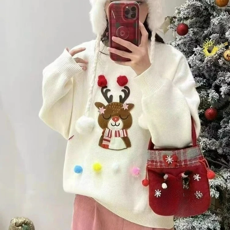 

Осенний новый стиль, модный теплый свободный утолщенный пуловер для поездок на работу, рождественский вязаный свитер большого размера с принтом для женщин