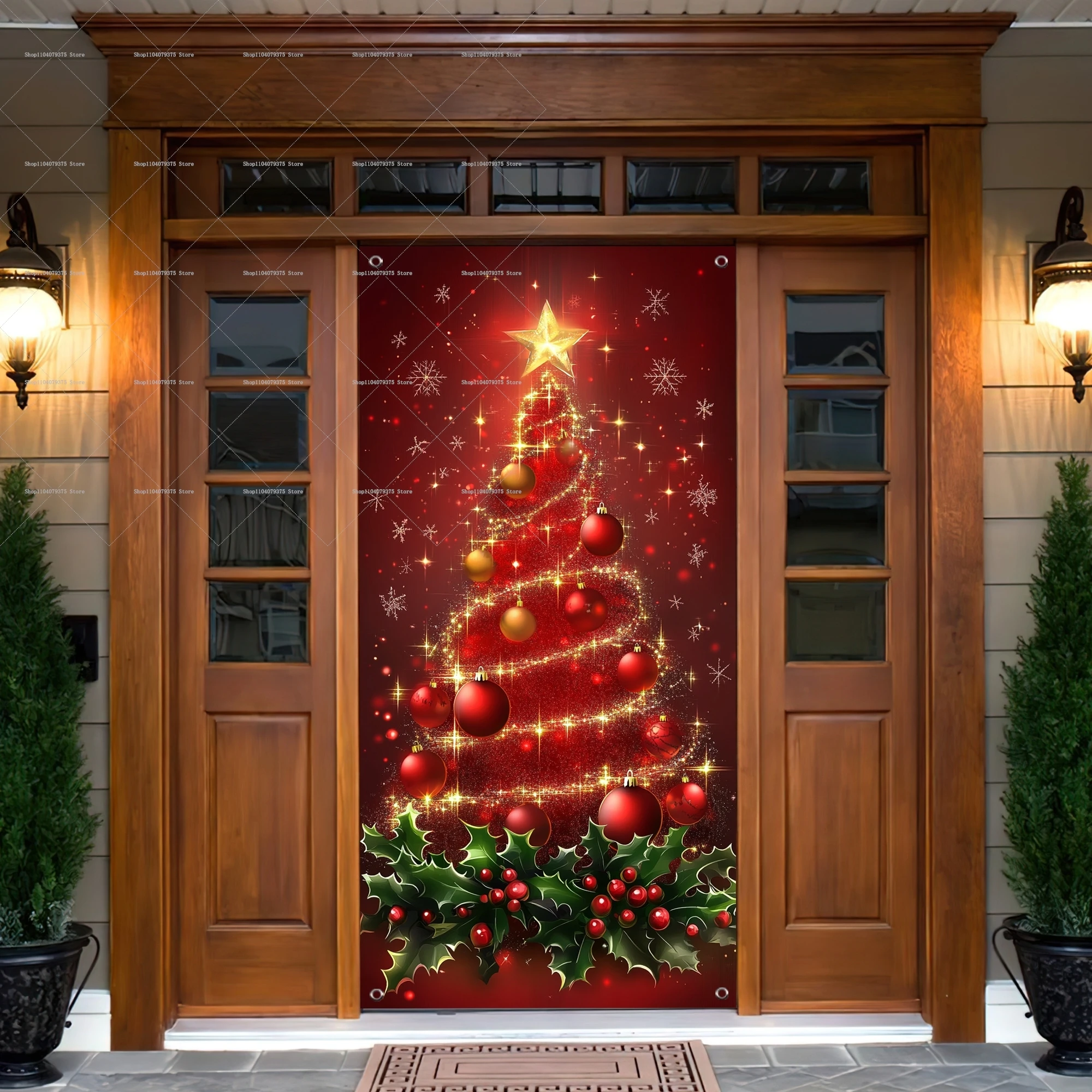 Christmas Tree Door Banner Ornaments Door Cover Banner Gift Photography Background Indoor Outdoor Porch Decoration