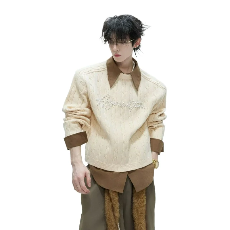 Round-neck Lapel New Style Fake Two Laid-back Sweaters Casual Versatile Warm Loose Knitted Sweater for Men Autumn Winter 2026